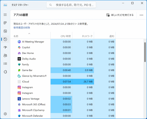 アプリのリソース使用量を確認